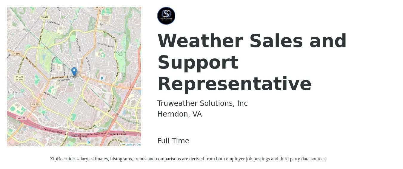 Truweather Solutions, Inc job posting for a Weather Sales and Support Representative in Herndon, VA with a salary of $20 to $27 Hourly with a map of Herndon location.
