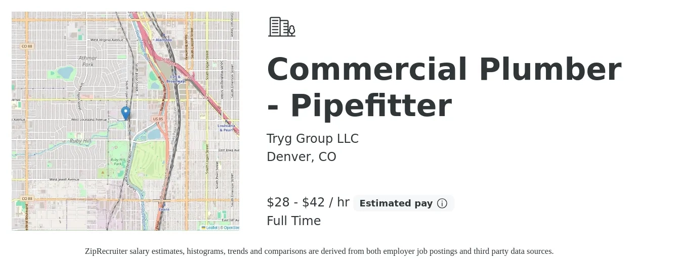 Tryg Group LLC job posting for a Commercial Plumber - Pipefitter in Denver, CO with a salary of $30 to $44 Hourly with a map of Denver location.