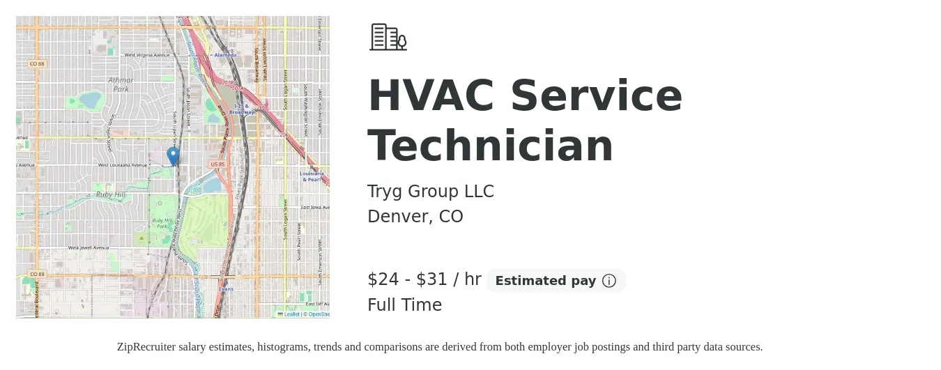 Tryg Group LLC job posting for a HVAC Service Technician in Denver, CO with a salary of $25 to $33 Hourly with a map of Denver location.