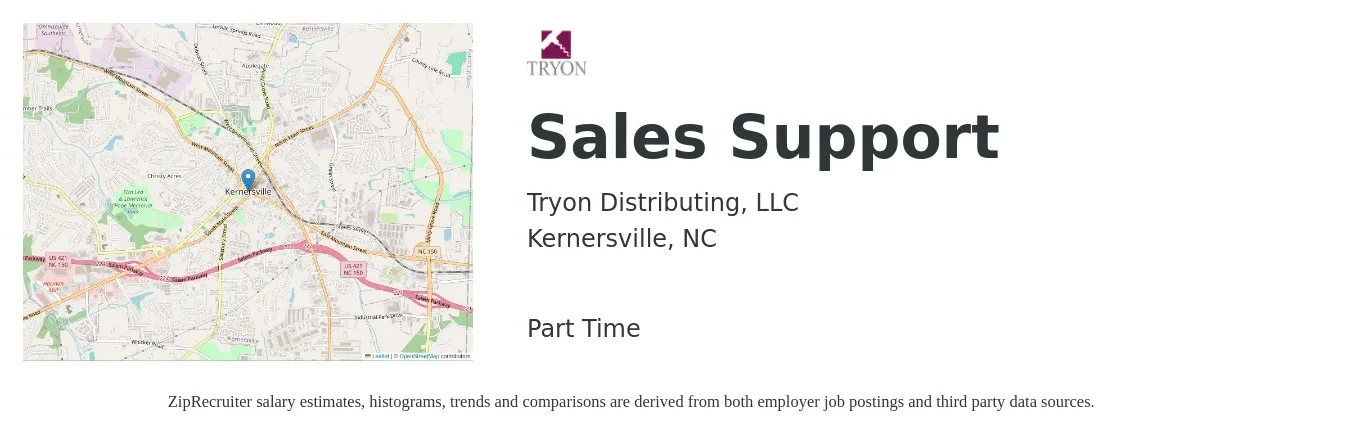 Tryon Distributing, LLC job posting for a Sales Support in Kernersville, NC with a salary of $17 to $24 Hourly with a map of Kernersville location.