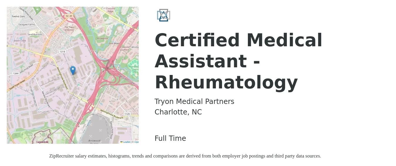 Tryon Medical Partners job posting for a Certified Medical Assistant - Rheumatology in Charlotte, NC with a salary of $16 to $21 Hourly with a map of Charlotte location.