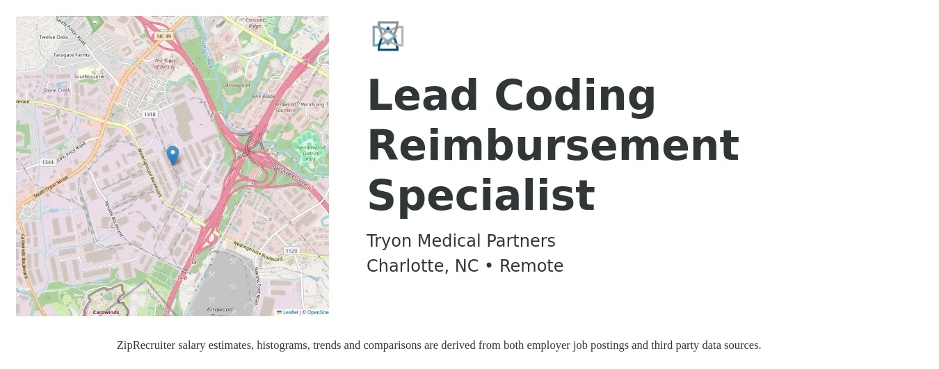 Tryon Medical Partners job posting for a Lead Coding Reimbursement Specialist in Charlotte, NC with a salary of $22 to $32 Hourly with a map of Charlotte location.