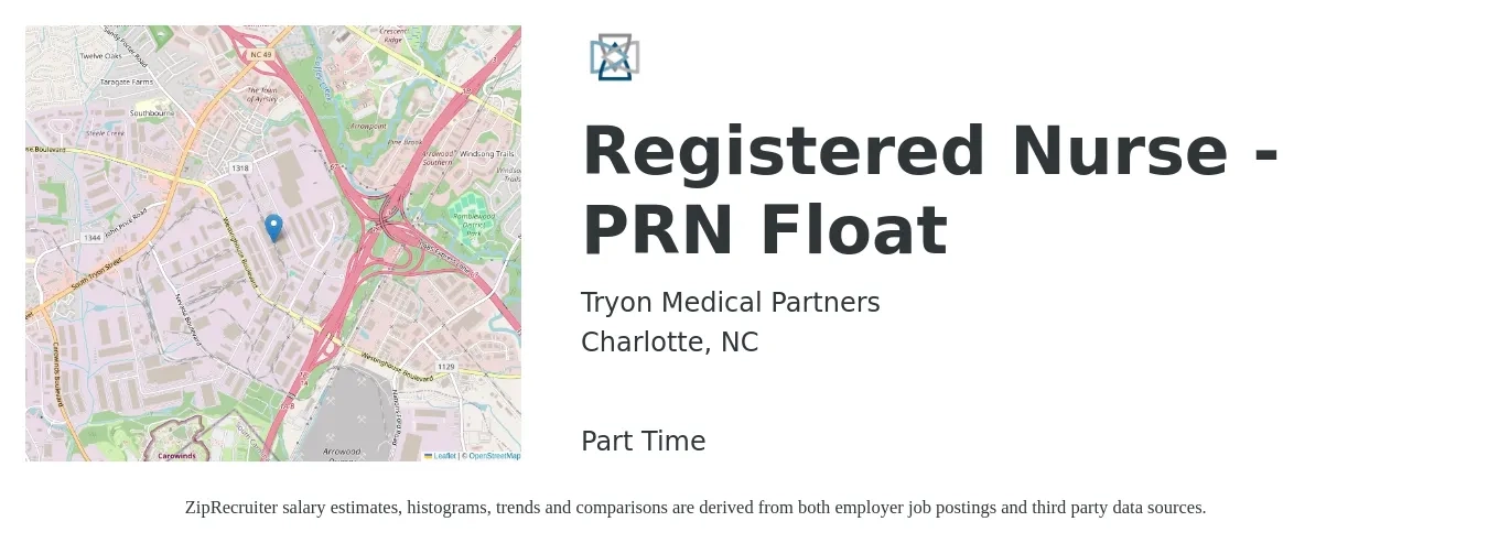 Tryon Medical Partners job posting for a Registered Nurse - PRN Float in Charlotte, NC with a salary of $32 to $51 Hourly with a map of Charlotte location.