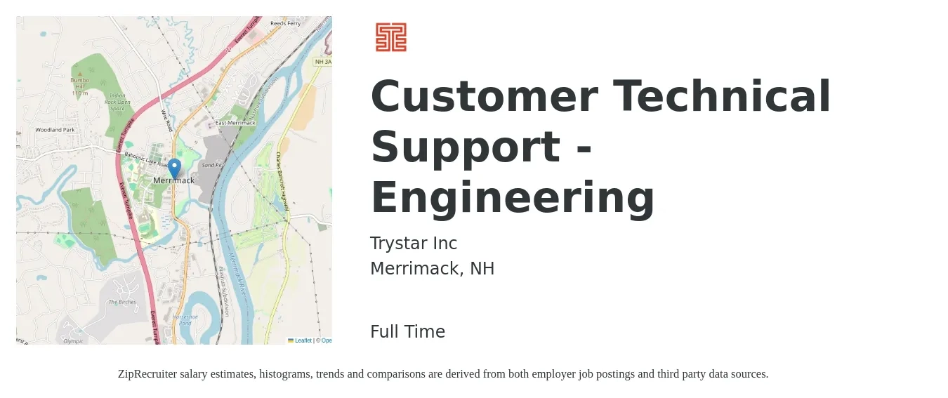 Trystar Inc job posting for a Customer Technical Support - Engineering in Merrimack, NH with a salary of $59,400 to $100,800 Yearly with a map of Merrimack location.