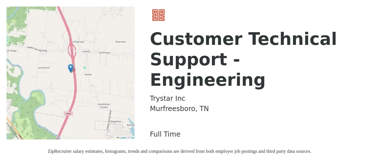 Trystar Inc job posting for a Customer Technical Support - Engineering in Murfreesboro, TN with a salary of $52,300 to $88,800 Yearly with a map of Murfreesboro location.