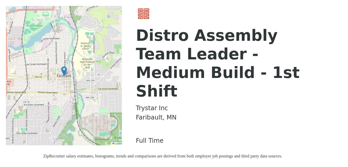 Trystar Inc job posting for a Distro Assembly Team Leader - Medium Build - 1st Shift in Faribault, MN with a salary of $19 to $26 Hourly with a map of Faribault location.