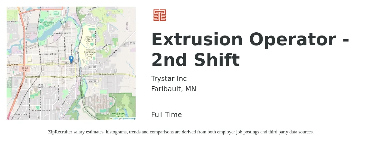 Trystar Inc job posting for a Extrusion Operator - 2nd Shift in Faribault, MN with a salary of $18 to $22 Hourly with a map of Faribault location.