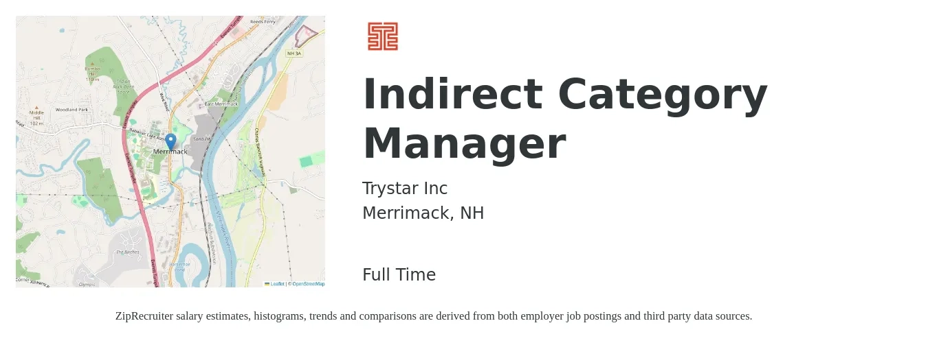 Trystar Inc job posting for a Indirect Category Manager in Merrimack, NH with a salary of $77,300 to $113,100 Yearly with a map of Merrimack location.