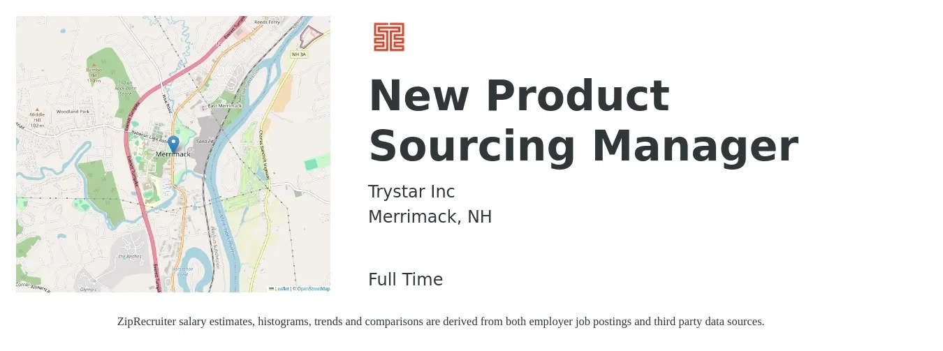 Trystar Inc job posting for a New Product Sourcing Manager in Merrimack, NH with a salary of $114,700 to $171,000 Yearly with a map of Merrimack location.