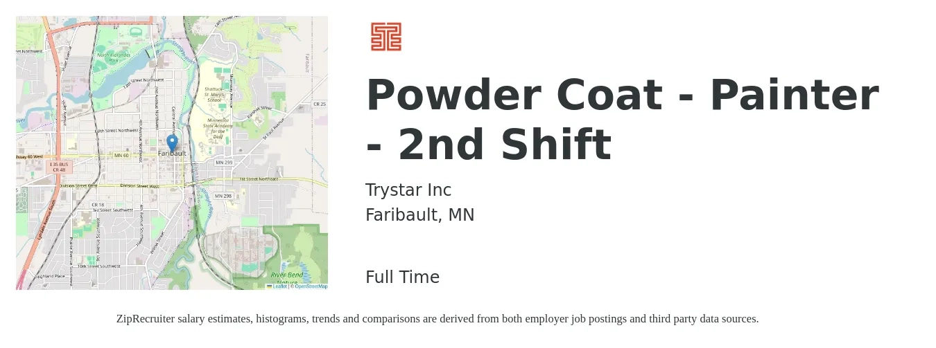 Trystar Inc job posting for a Powder Coat - Painter - 2nd Shift in Faribault, MN with a salary of $18 to $22 Hourly with a map of Faribault location.