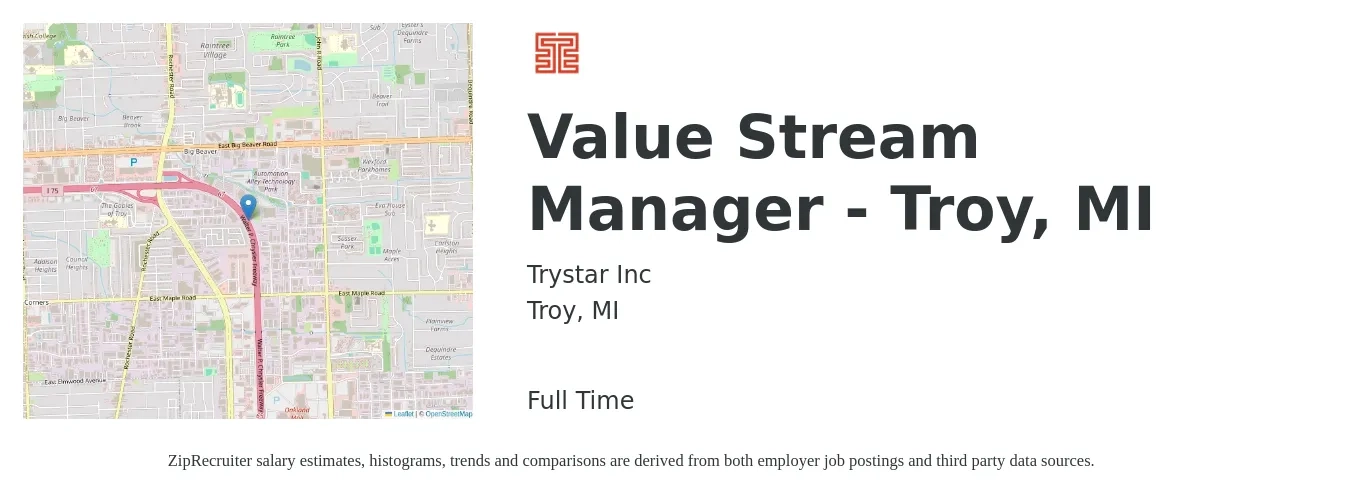 Trystar Inc job posting for a Value Stream Manager - Troy, MI in Troy, MI with a salary of $41,200 to $82,000 Yearly with a map of Troy location.