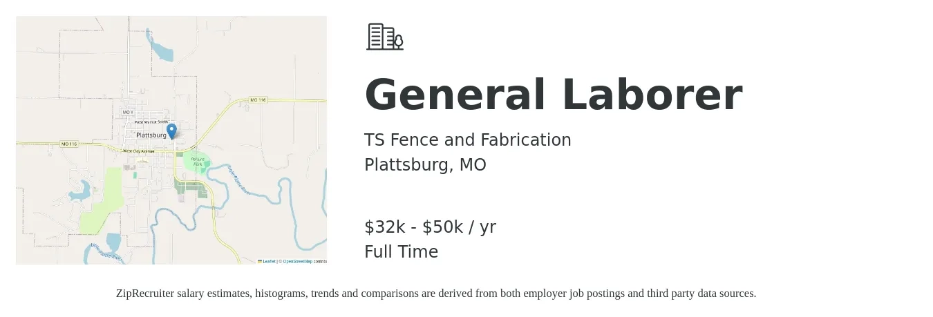 TS Fence and Fabrication job posting for a General Laborer in Plattsburg, MO with a salary of $32,000 to $50,000 Yearly with a map of Plattsburg location.