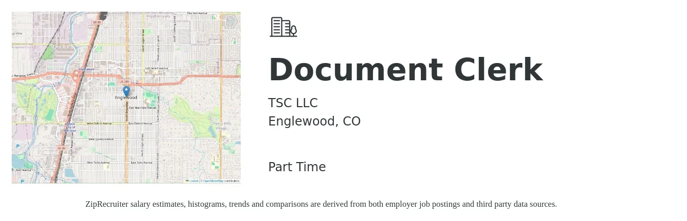 TSC LLC job posting for a Document Clerk in Englewood, CO with a salary of $16 Hourly with a map of Englewood location.