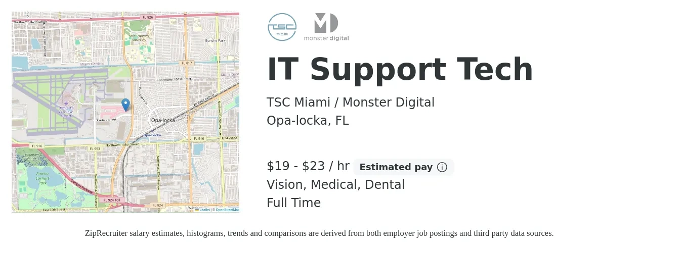 TSC Miami / Monster Digital job posting for a IT Support Tech in Opa-locka, FL with a salary of $20 to $24 Hourly and benefits including dental, life_insurance, medical, retirement, and vision with a map of Opa-locka location.