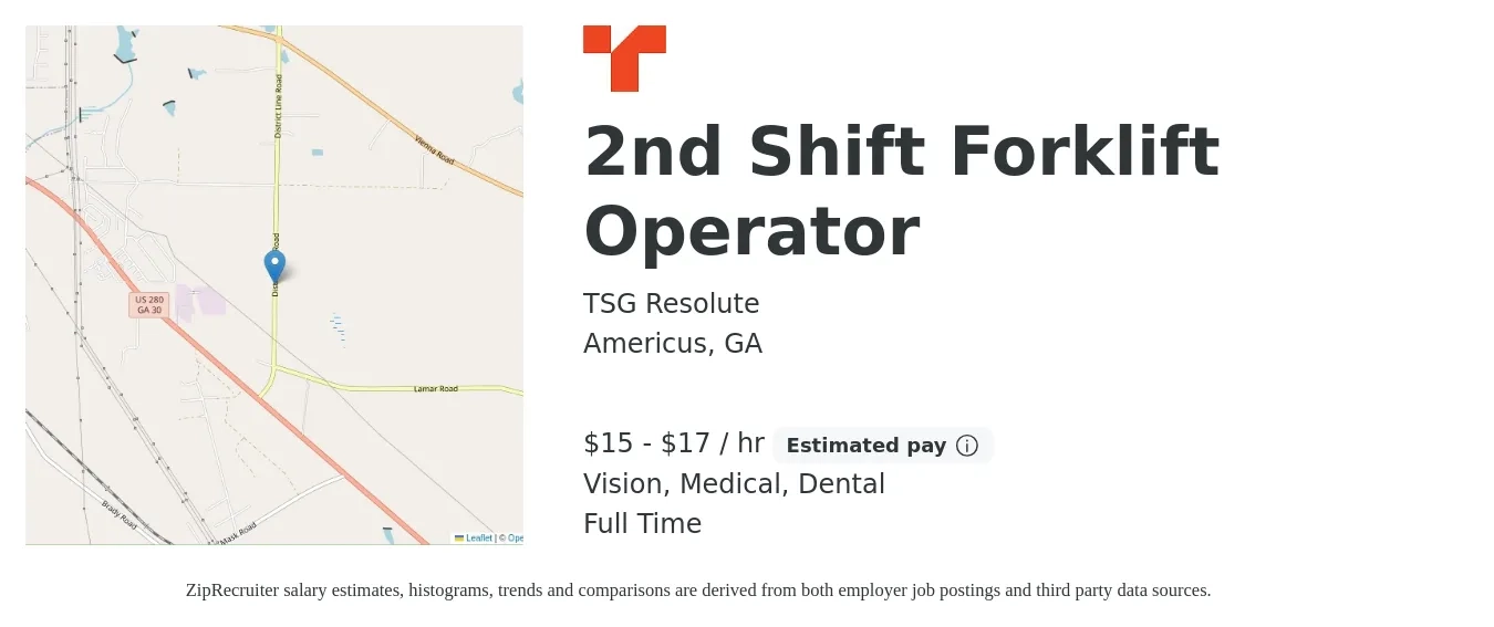 TSG Resolute job posting for a 2nd Shift Forklift Operator in Americus, GA with a salary of $16 to $18 Hourly and benefits including dental, life_insurance, medical, pto, retirement, and vision with a map of Americus location.