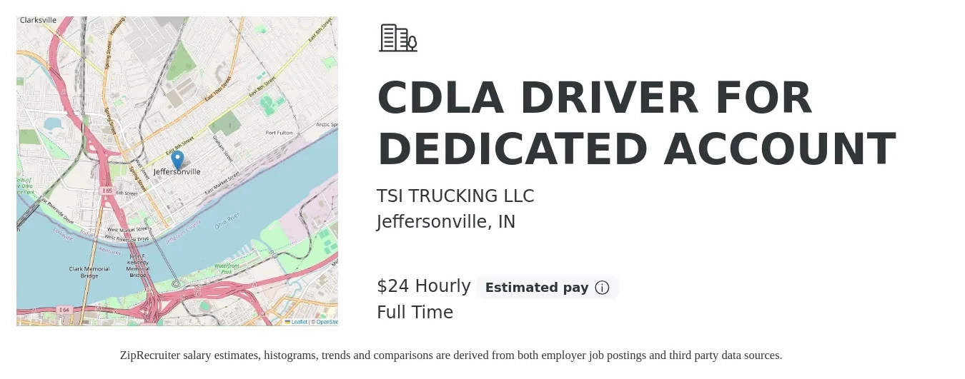 TSI TRUCKING LLC job posting for a CDLA DRIVER FOR DEDICATED ACCOUNT in Jeffersonville, IN with a salary of $25 Hourly with a map of Jeffersonville location.