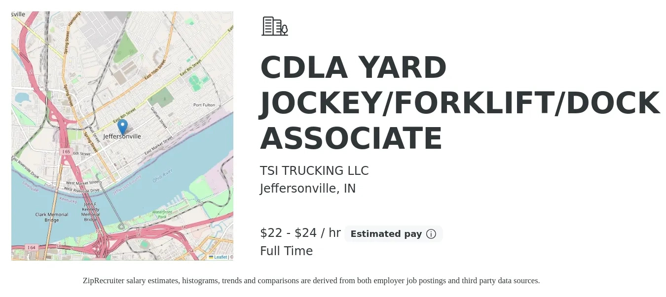 TSI TRUCKING LLC job posting for a CDLA YARD JOCKEY/FORKLIFT/DOCK ASSOCIATE in Jeffersonville, IN with a salary of $23 to $25 Hourly with a map of Jeffersonville location.