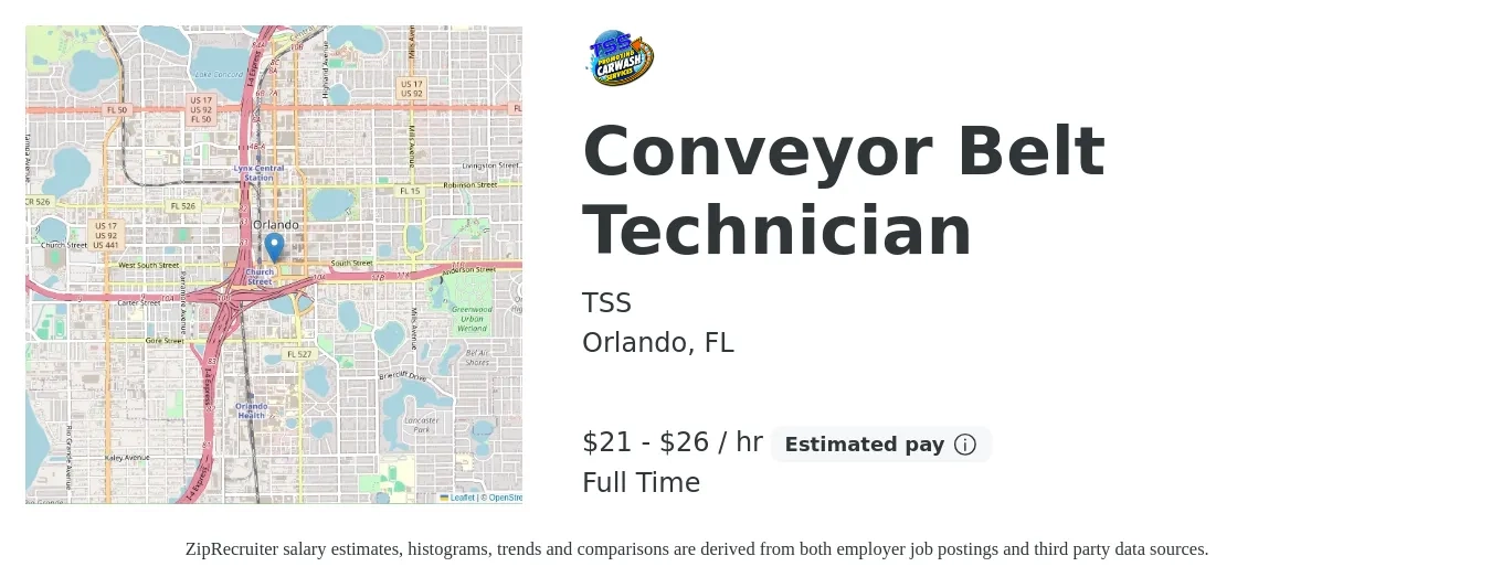 TSS job posting for a Conveyor Belt Technician in Orlando, FL with a salary of $22 to $28 Hourly with a map of Orlando location.