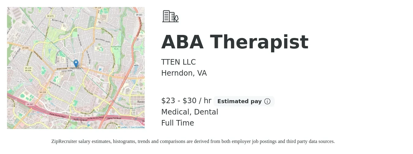 TTEN LLC job posting for a ABA Therapist in Herndon, VA with a salary of $24 to $32 Hourly and benefits including 401k, dental, and medical with a map of Herndon location.