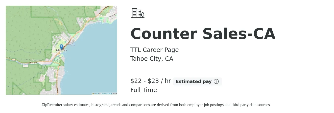 TTL Career Page job posting for a Counter Sales-CA in Tahoe City, CA with a salary of $23 to $24 Hourly with a map of Tahoe City location.