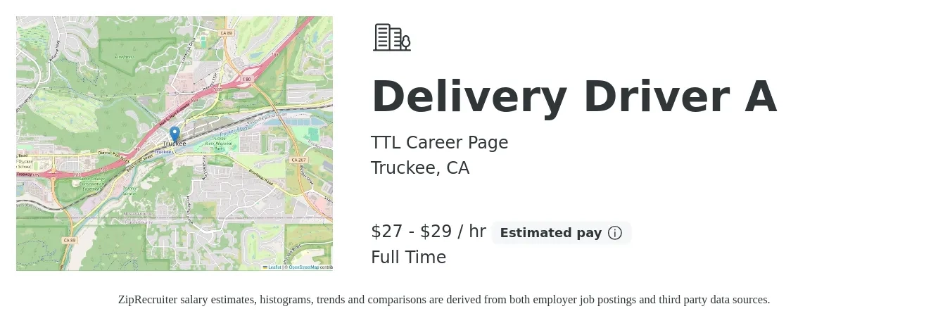 TTL Career Page job posting for a Delivery Driver A in Truckee, CA with a salary of $29 to $31 Hourly with a map of Truckee location.