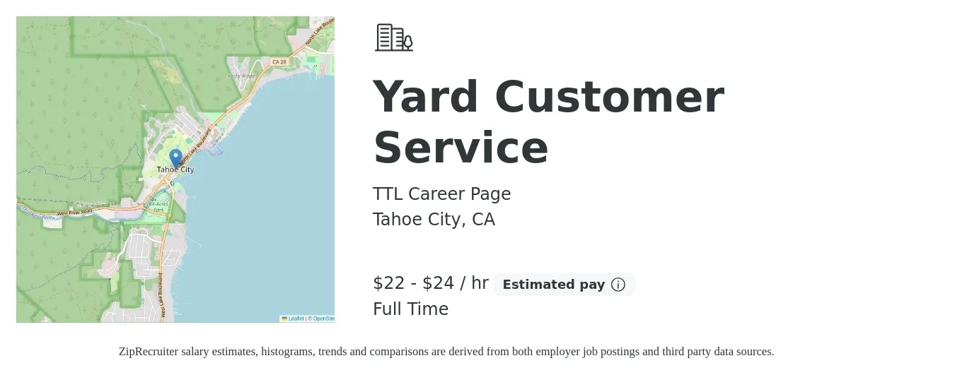 TTL Career Page job posting for a Yard Customer Service in Tahoe City, CA with a salary of $23 to $25 Hourly with a map of Tahoe City location.