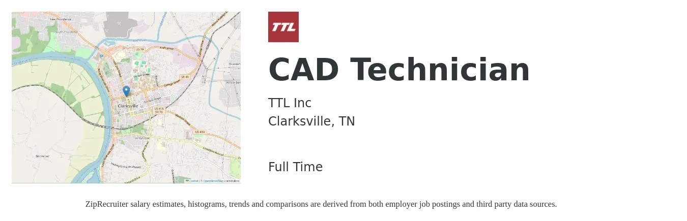 TTL Inc job posting for a CAD Technician in Clarksville, TN with a salary of $19 to $28 Hourly with a map of Clarksville location.