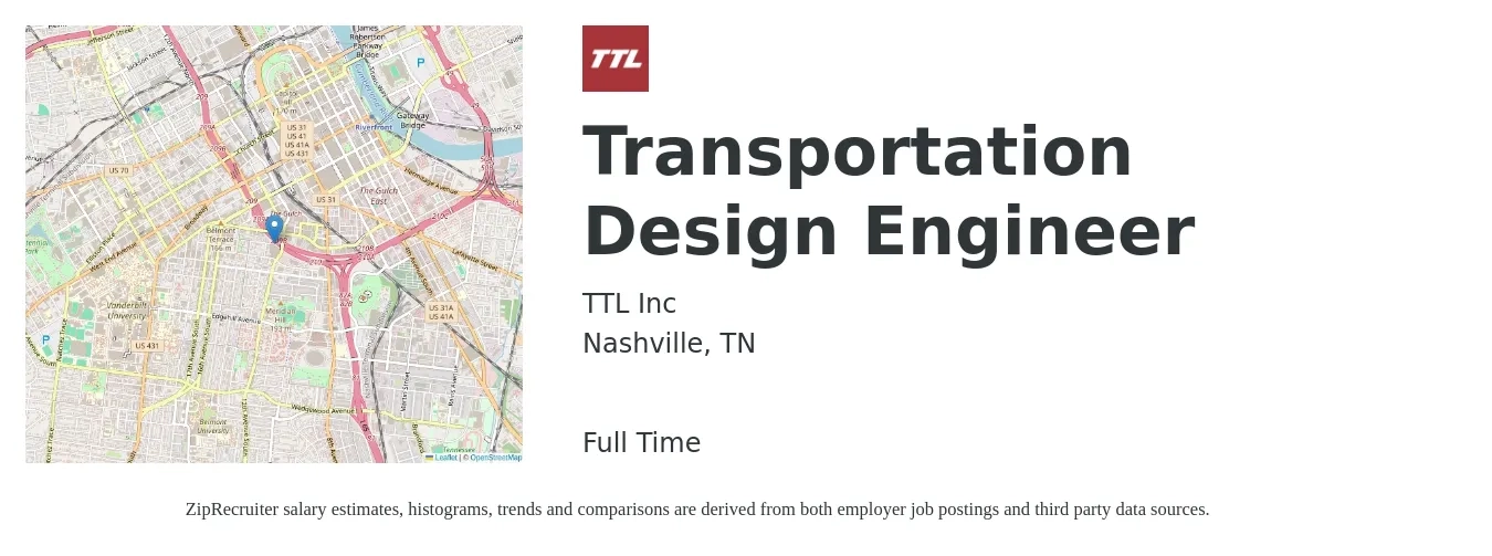 TTL Inc job posting for a Transportation Design Engineer in Nashville, TN with a salary of $105,000 Yearly with a map of Nashville location.