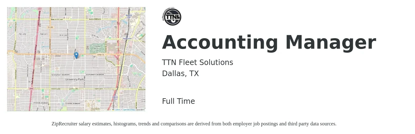 TTN Fleet Solutions job posting for a Accounting Manager in Dallas, TX with a salary of $77,100 to $110,800 Yearly with a map of Dallas location.