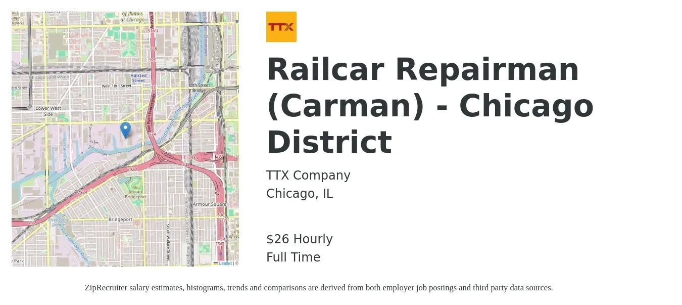 TTX Company job posting for a Railcar Repairman (Carman) - Chicago District in Chicago, IL with a salary of $28 Hourly with a map of Chicago location.