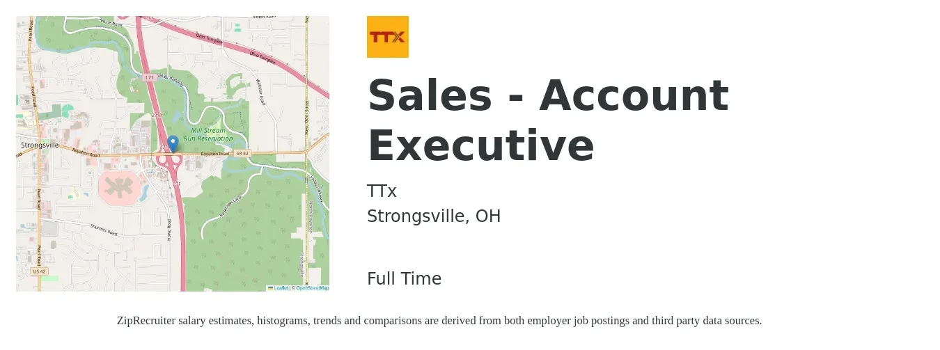 TTx job posting for a Sales - Account Executive in Strongsville, OH with a salary of $49,400 to $77,500 Yearly with a map of Strongsville location.