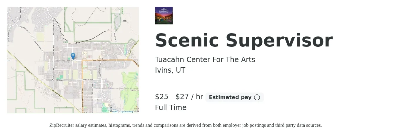 Tuacahn Center For The Arts job posting for a Scenic Supervisor in Ivins, UT with a salary of $55,000 to $60,000 Yearly with a map of Ivins location.