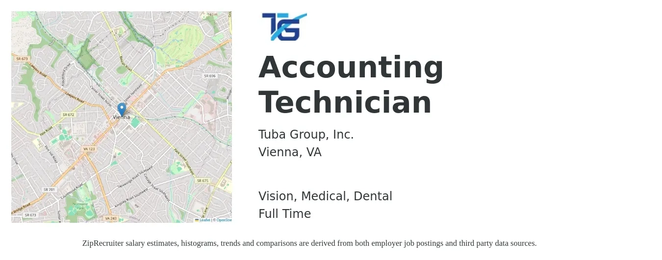 Tuba Group, Inc. job posting for a Accounting Technician in Vienna, VA with a salary of $42,200 to $55,200 Yearly and benefits including life_insurance, medical, pto, retirement, vision, and dental with a map of Vienna location.