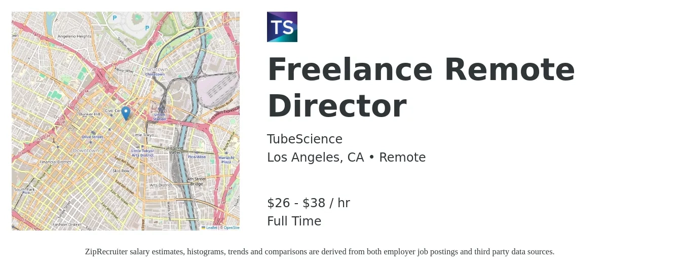 TubeScience job posting for a Freelance Remote Director in Los Angeles, CA with a salary of $28 to $40 Hourly with a map of Los Angeles location.