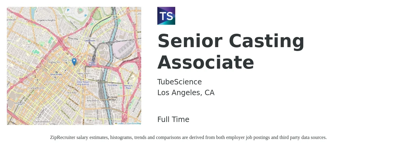 TubeScience job posting for a Senior Casting Associate in Los Angeles, CA with a salary of $17 to $20 Hourly with a map of Los Angeles location.