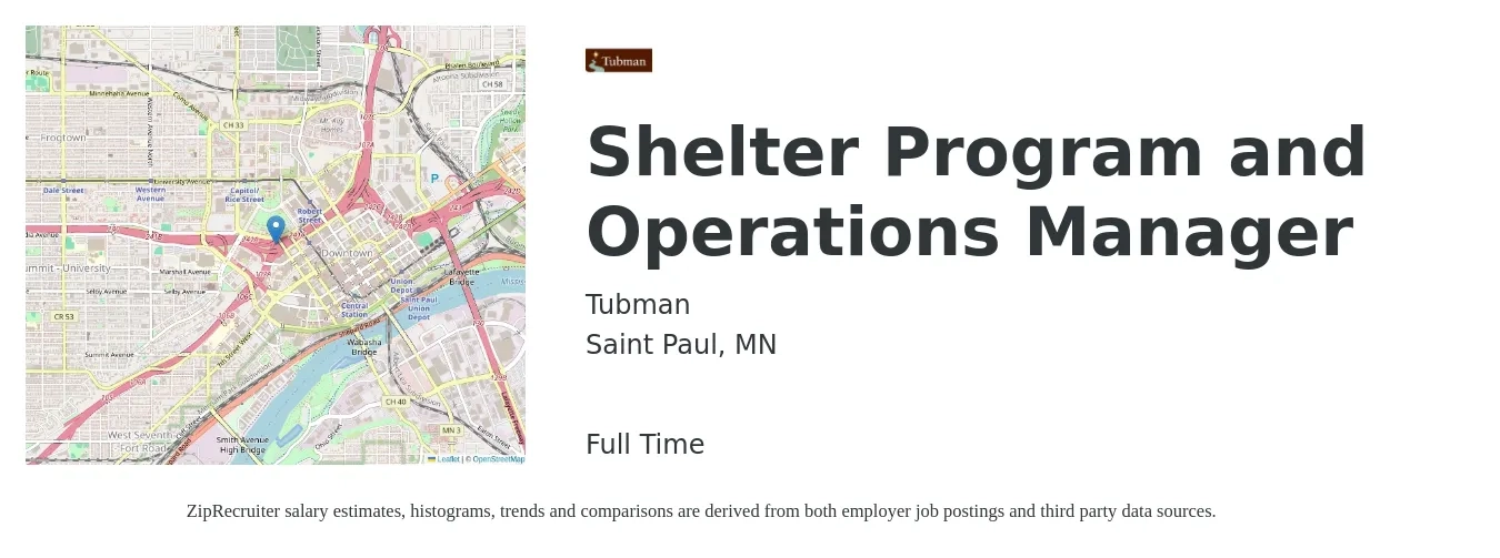 Tubman job posting for a Shelter Program and Operations Manager in Saint Paul, MN with a salary of $65,000 Yearly with a map of Saint Paul location.