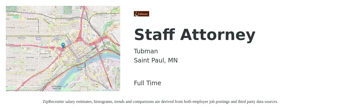 Tubman job posting for a Staff Attorney in Saint Paul, MN with a salary of $70,000 Yearly with a map of Saint Paul location.