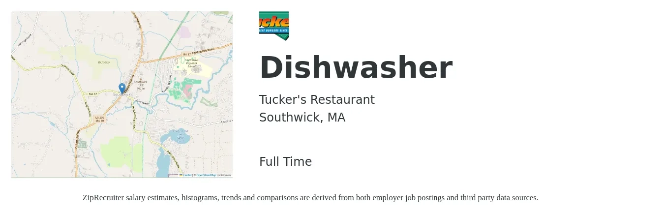 Tucker's Restaurant job posting for a Dishwasher in Southwick, MA with a salary of $13 to $17 Hourly with a map of Southwick location.