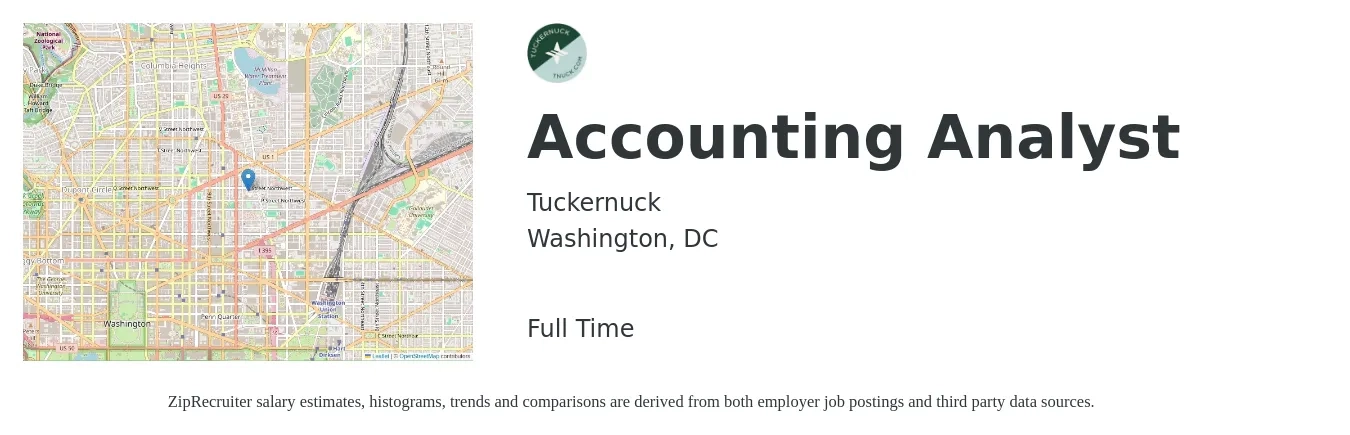 Tuckernuck job posting for a Accounting Analyst in Washington, DC with a salary of $67,700 to $88,600 Yearly with a map of Washington location.