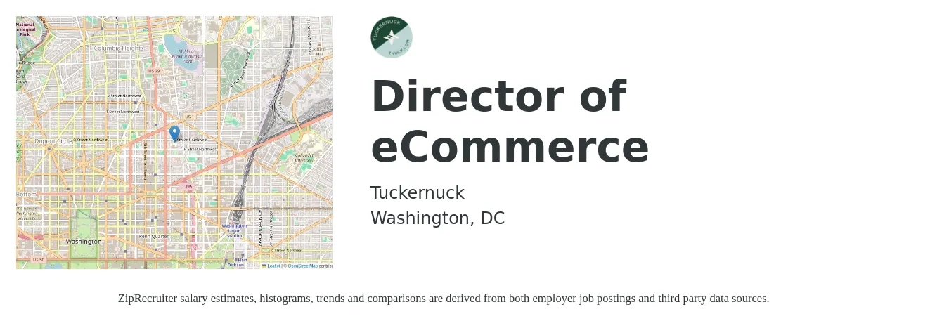 Tuckernuck job posting for a Director of eCommerce in Washington, DC with a salary of $107,300 to $166,500 Yearly with a map of Washington location.