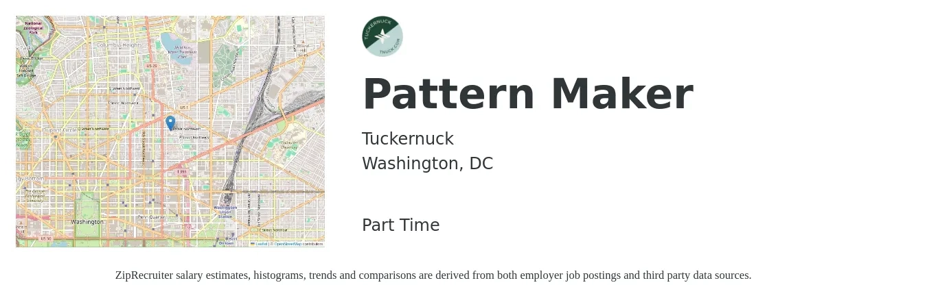 Tuckernuck job posting for a Pattern Maker in Washington, DC with a salary of $54,200 to $97,100 Yearly with a map of Washington location.