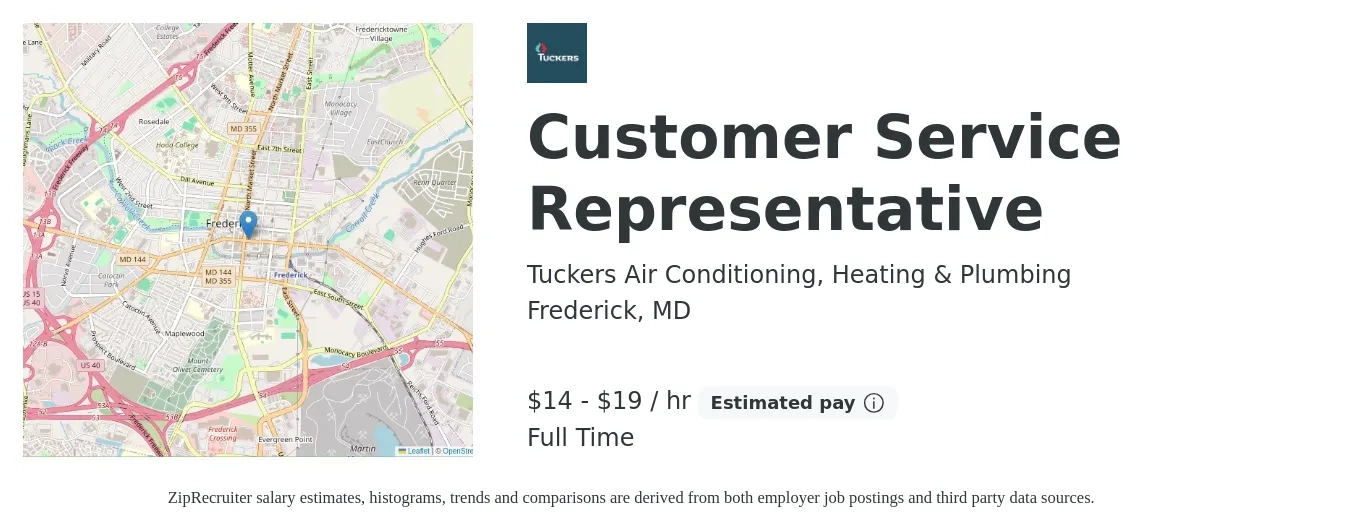 Tuckers Air Conditioning, Heating & Plumbing job posting for a Customer Service Representative in Frederick, MD with a salary of $15 to $20 Hourly with a map of Frederick location.