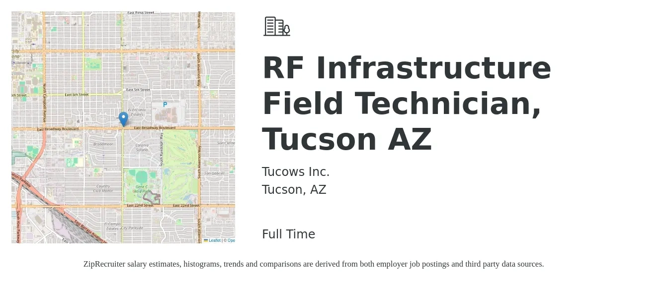 Tucows job posting for a RF Infrastructure Field Technician, Tucson AZ in Tucson, AZ with a salary of $20 to $28 Hourly with a map of Tucson location.