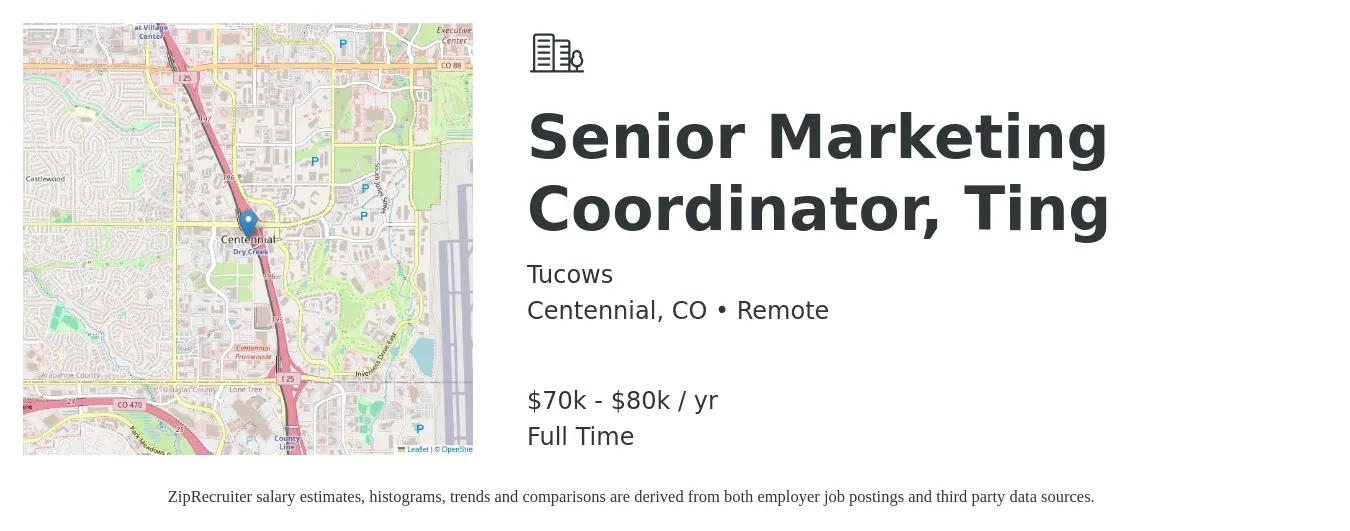 Tucows Inc. job posting for a Senior Marketing Coordinator, Ting in Centennial, CO with a salary of $70,000 to $80,000 Yearly with a map of Centennial location.