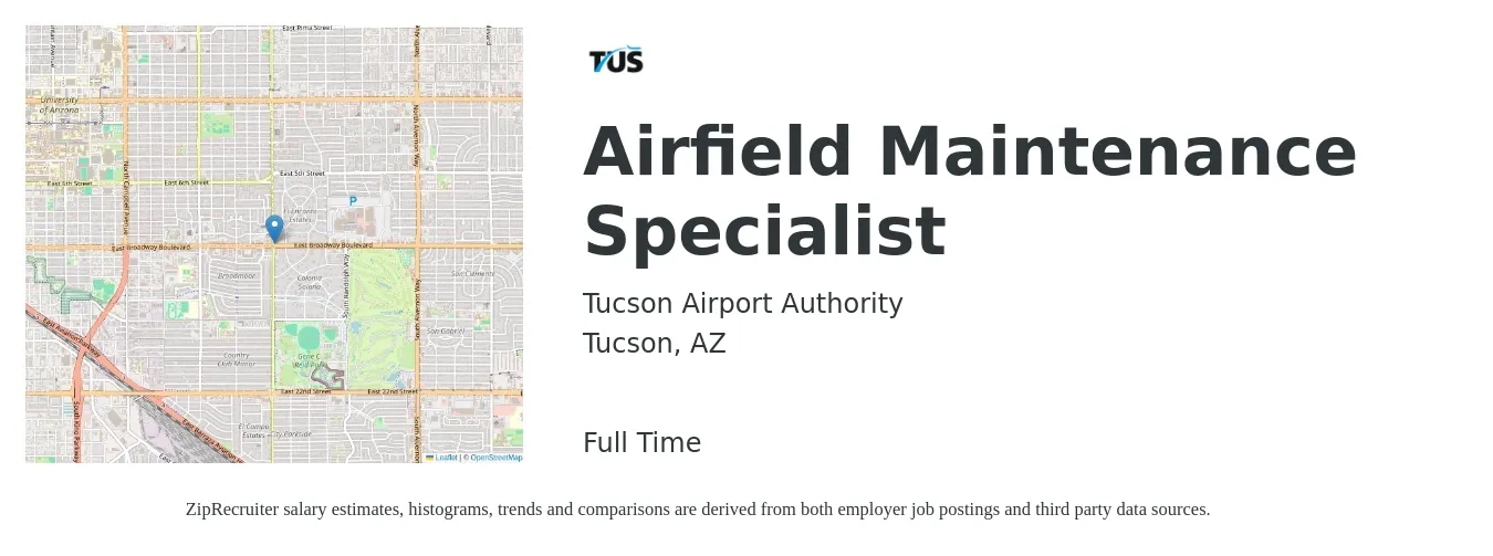 Tucson Airport Authority job posting for a Airfield Maintenance Specialist in Tucson, AZ with a salary of $38,759 to $47,867 Yearly with a map of Tucson location.