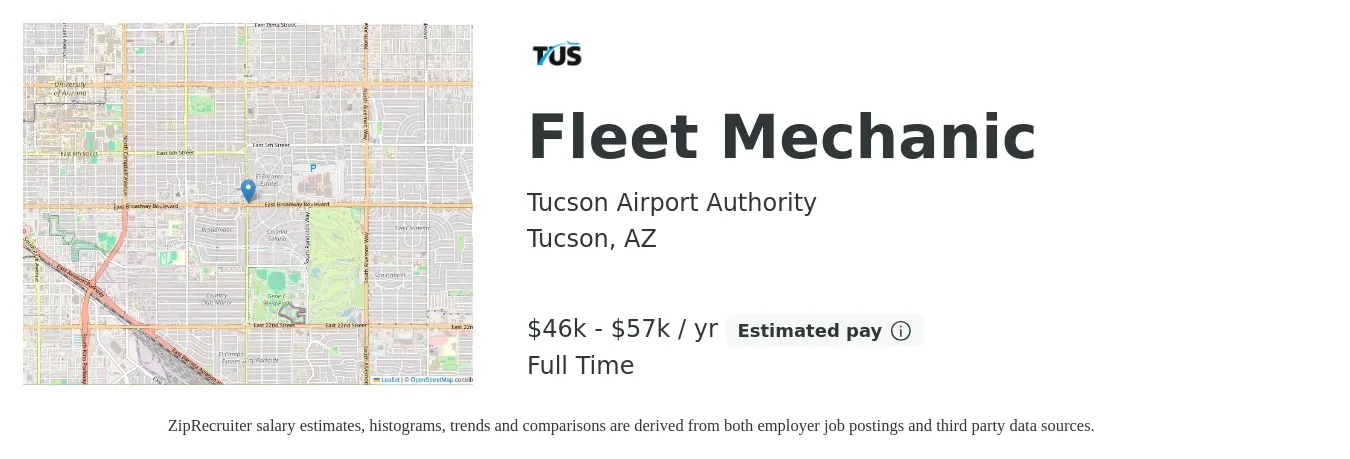 Tucson Airport Authority job posting for a Fleet Mechanic in Tucson, AZ with a salary of $46,898 to $57,919 Yearly with a map of Tucson location.