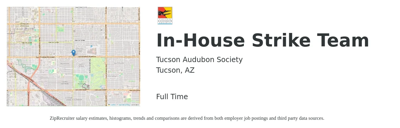 Tucson Audubon Society job posting for a In-House Strike Team in Tucson, AZ with a salary of $15 to $22 Hourly with a map of Tucson location.