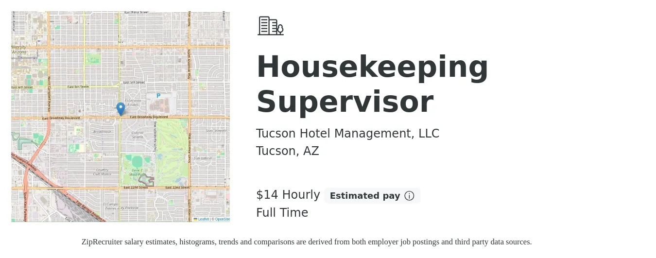 Tucson Hotel Management, LLC job posting for a Housekeeping Supervisor in Tucson, AZ with a salary of $15 to $16 Hourly with a map of Tucson location.