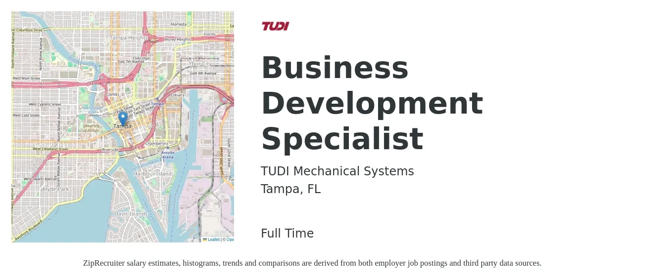 TUDI Mechanical Systems job posting for a Business Development Specialist in Tampa, FL with a salary of $44,400 to $74,200 Yearly with a map of Tampa location.
