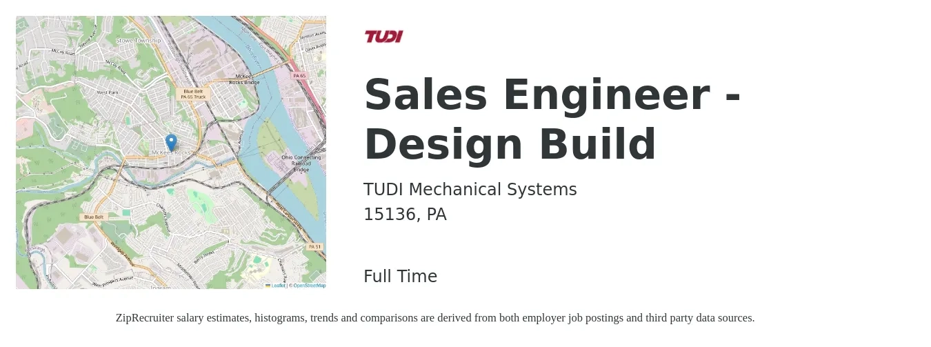 TUDI Mechanical Systems job posting for a Sales Engineer - Design Build in 15136, PA with a salary of $70,500 to $105,800 Yearly with a map of 15136 location.